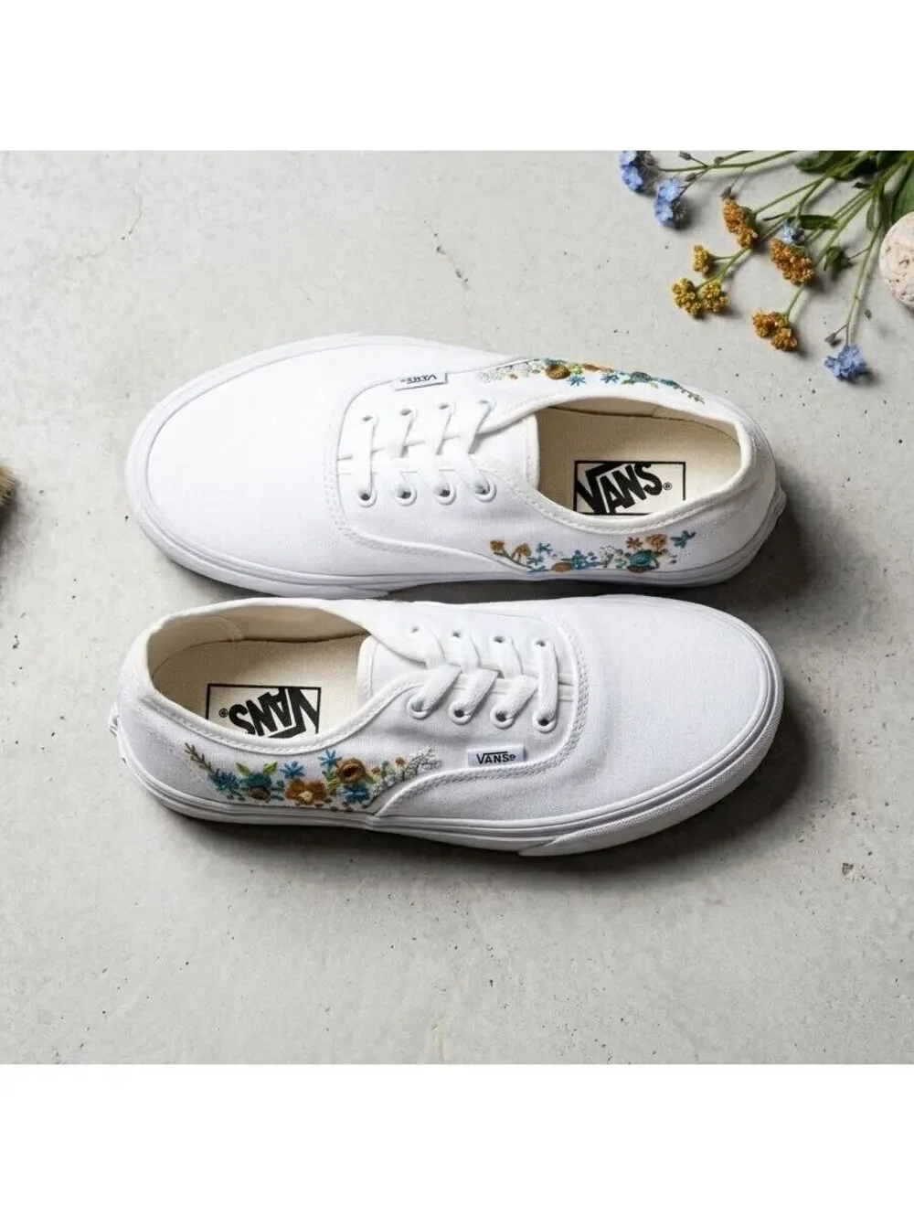 Brand New Custom Embroidered Vans Authentic White Floral Cottagecore Womens 7